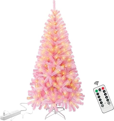Árbol de Navidad rosa de 7.5 pies con cadena de luces USB, árbol de Navidad artificial con soporte de metal, 1000 puntas de rama, 8 modos de