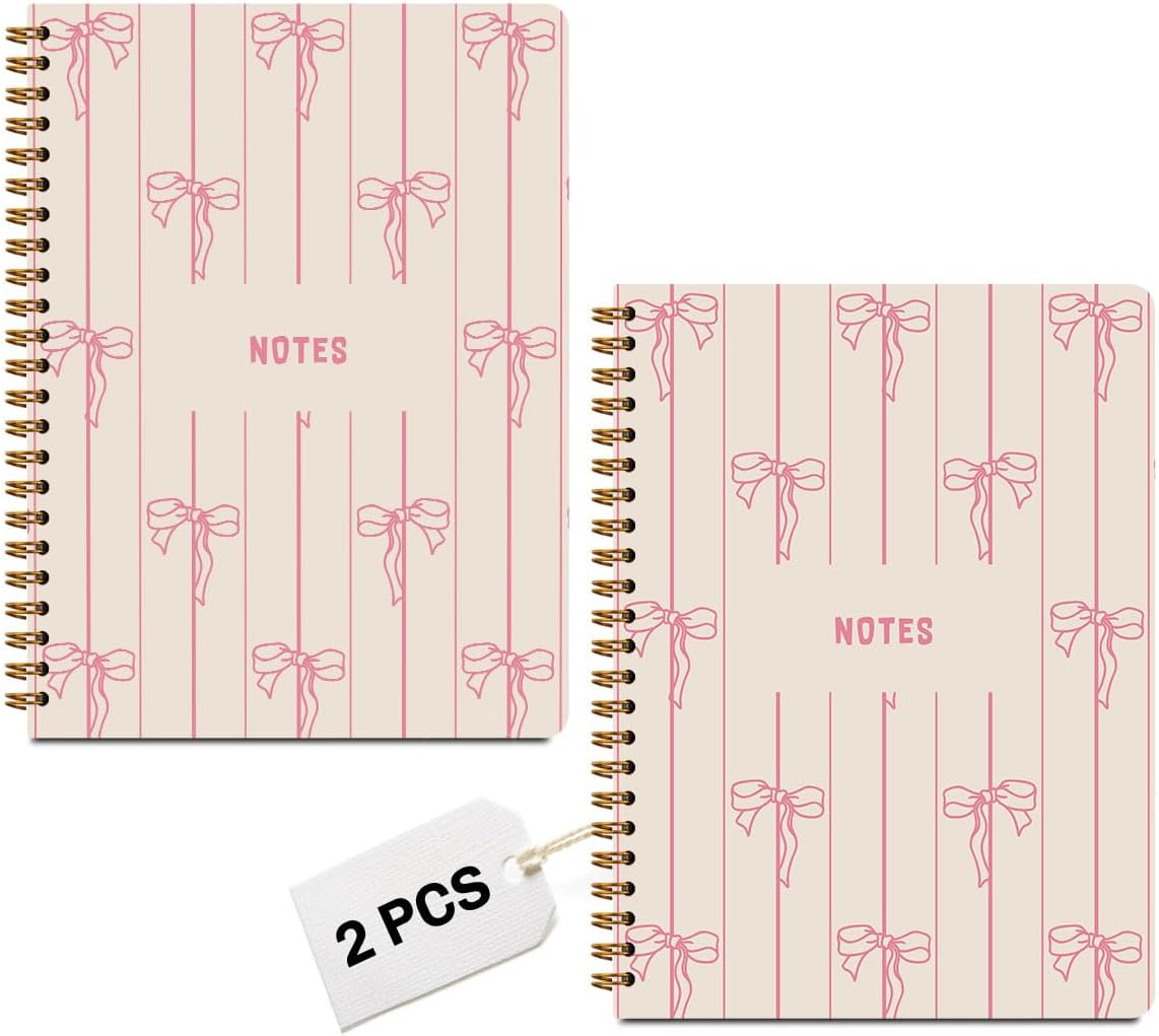 2 PCs Purple Bow Spiral Notebook Cute Coquette Journaling Notebooks Trendy Preppy Aesthetic Design Note Book Writing Journal Hardcover Notebook Classroom Office Supplies Gifts for Women Teen Girls