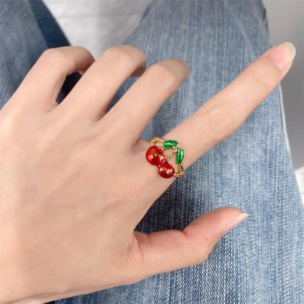 NewZenro Cute Cherry Adjustable Open Rings for Women 14k Gold Plated Green Red Enamel Lovely Sweet Food Fruit Statement Finger Knuckle Band Ring Comfort Fit Minimalist Jewelry - Image 5