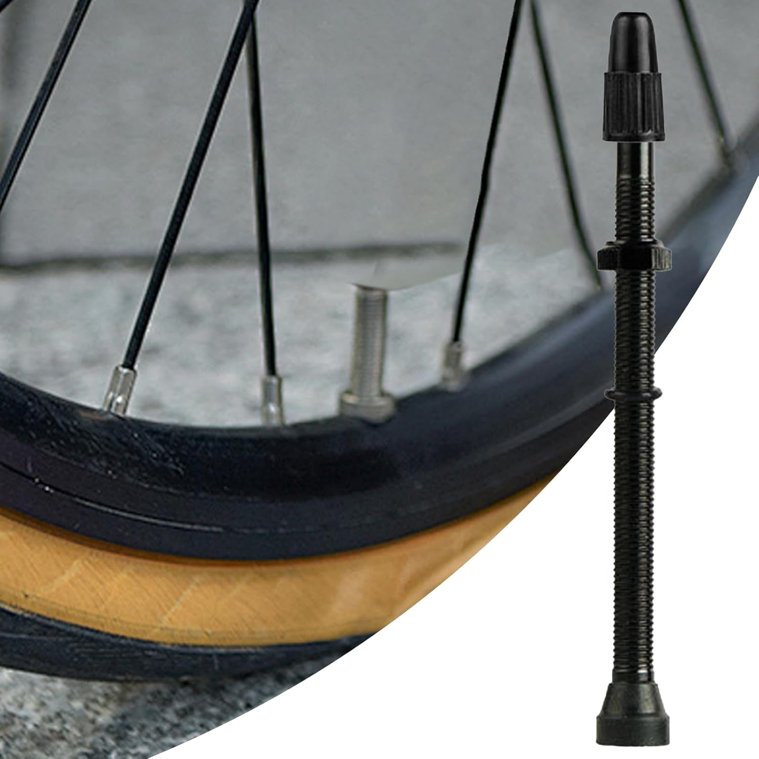 Close-up of tubeless valve installed on a bicycle rim
