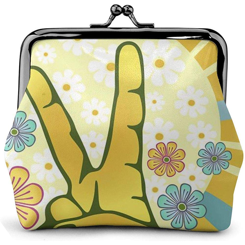V Sign Victory Hand Yellow Flower Vintage Pouch Girl Kiss-Lock Change Purse Wallets Buckle Leather Coin Purses