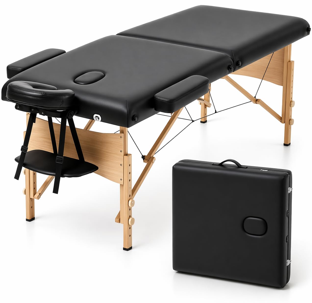 T-LOVENDO.ES Camilla de Masaje Plegable portátil Ligera Profesional | 2 cuerpos con Altura Ajustable | Acolchado Espuma Alta Densidad | Estructura Madera | Soporta hasta 200kg
