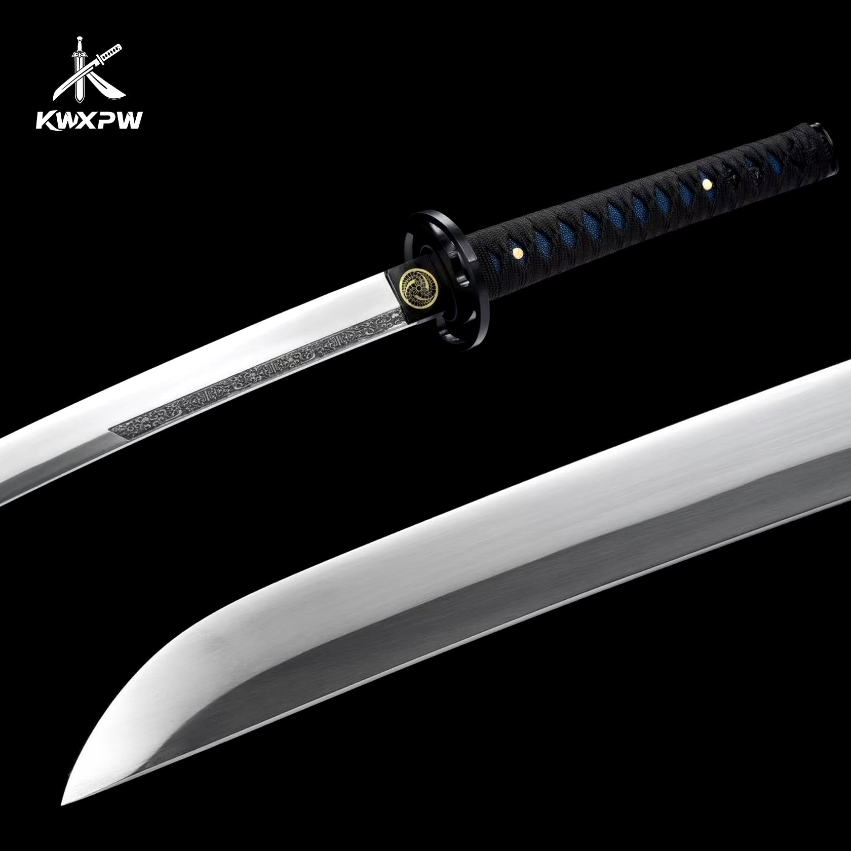 103cm Schwarzes Katana,Japanisches Samuraischwert,Federstahl Klinge,Holzscheide mit Schnitzmuster,handgefertigt echt Samurai-Schwert für Geschenke,Displays,Cosplay,Requisiten,Training