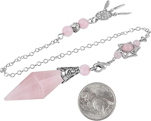 Miniatura 4 de Rockcloud Péndulo de cristal de cuarzo rosa natural curativo Reiki de 12 facetas con dije hexagonal de atrapasueños Wicca para equilibrar la
