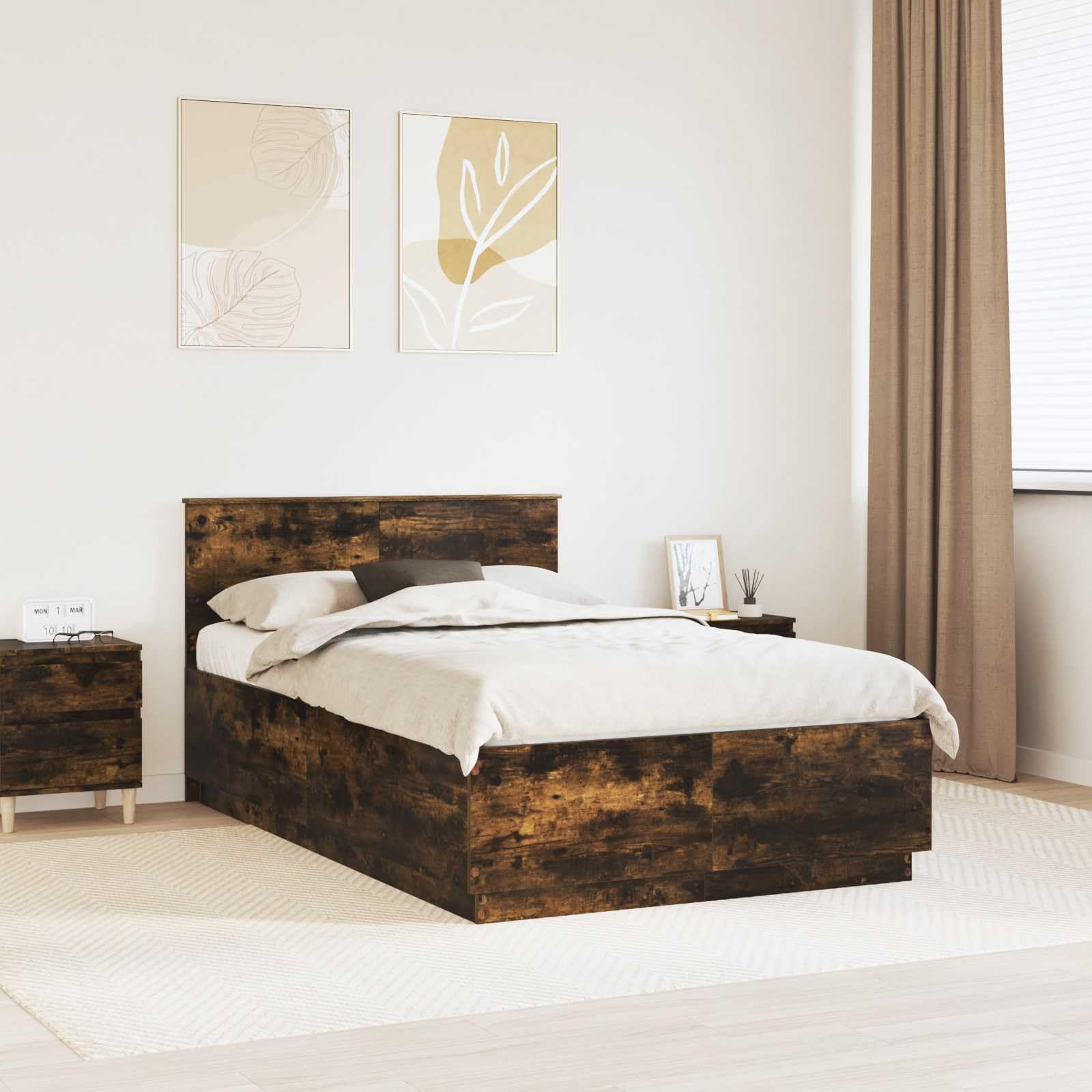Telaio per letto in legno di rovere affumicato, 120 x 190 cm, con testiera regolabile, illuminazione a LED, porta USB, moderno set di mobili per camera da letto, durevole