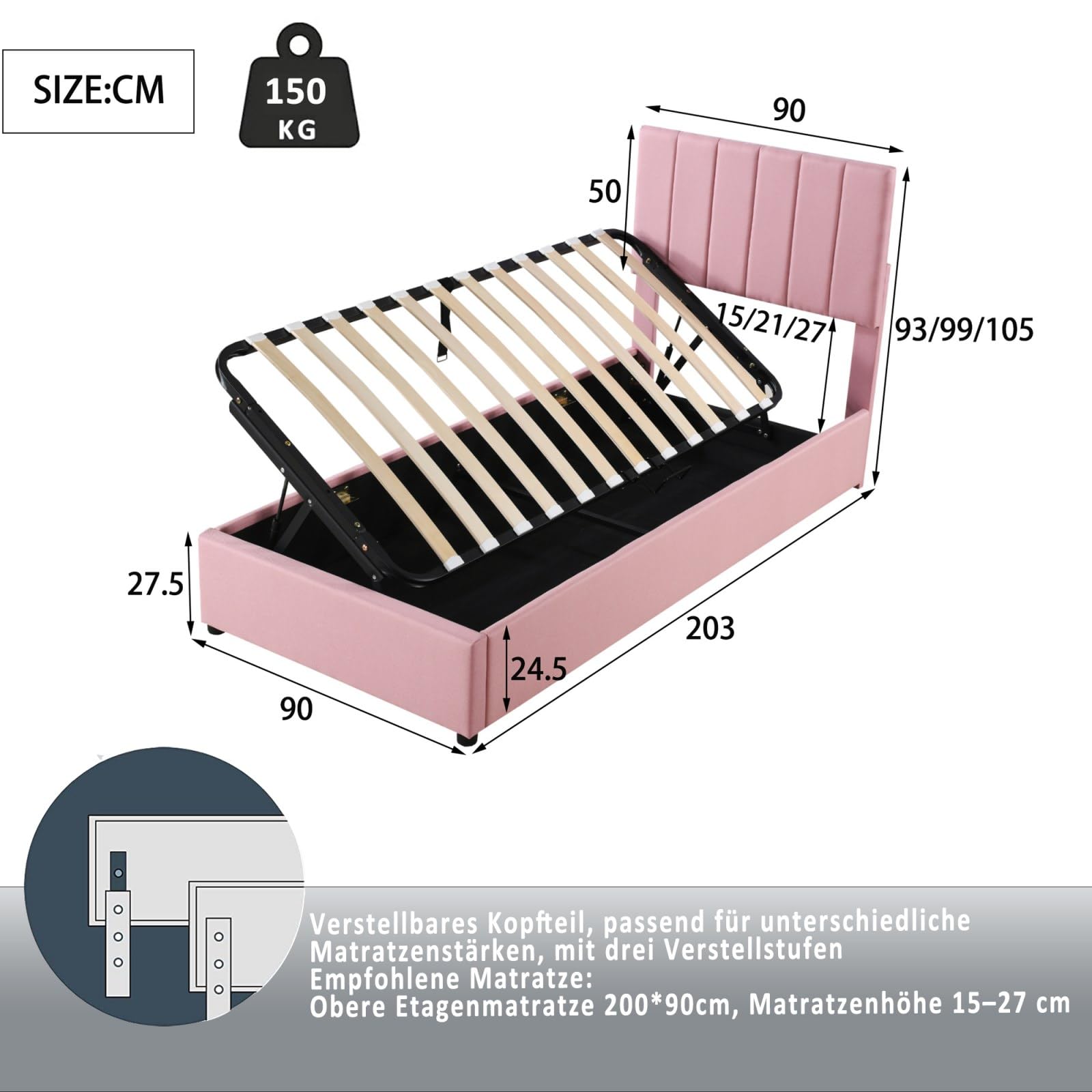 Lit coffre 90x200 cm Lit capitonné avec sommier à lattes en métal - en coton gris clair - matelas inclus | Leroy Merlin