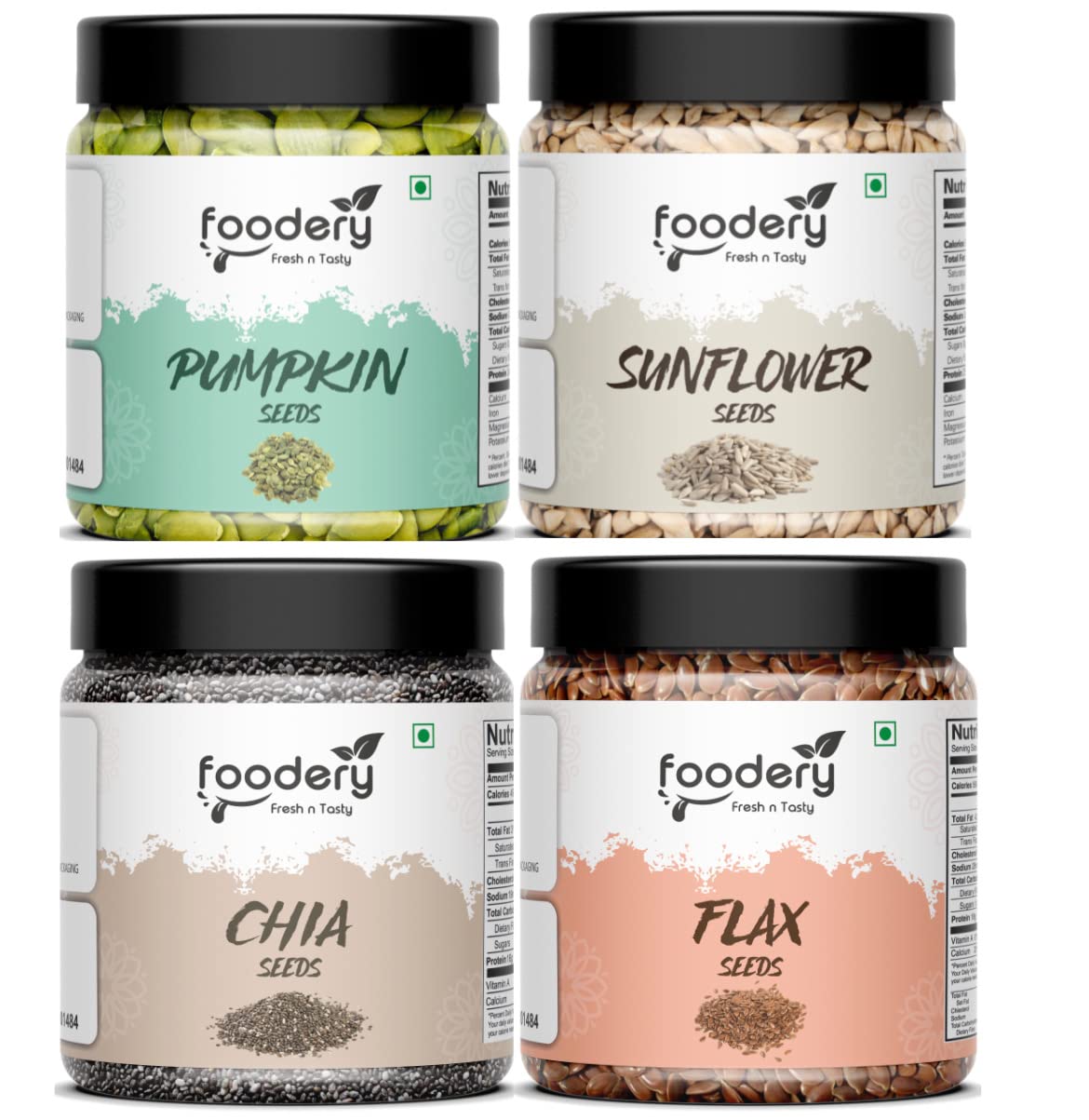 Foodery Raw Pumpkin Seeds - 250g, Sunflower Seeds - 250g, Flax Seeds - 250g, Chia Seeds - 250g | Immunity Combo | All Premium Mixed Seeds for Eating | JAR Pack (Diwali Celebration Pack) (B0B363WRVM) Amazon Price History, Amazon Price Tracker