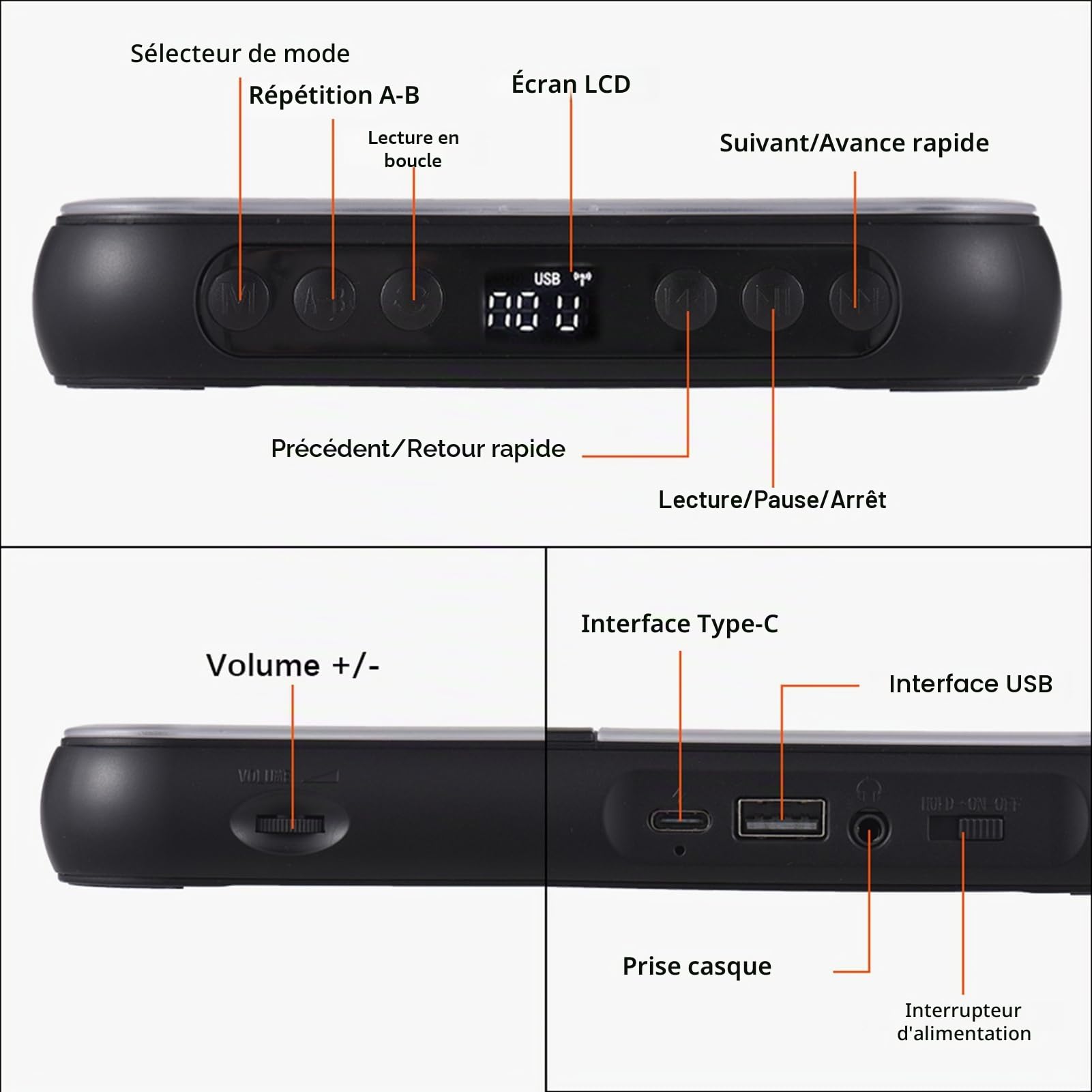 Kavolet Lecteur CD Portable BT - Lecteur CD avec Couvercle Anti-poussière - Casque Inclus - 6 Modes - Minuterie de répétition AB - Télécommande - Fonction de Lecture Externe