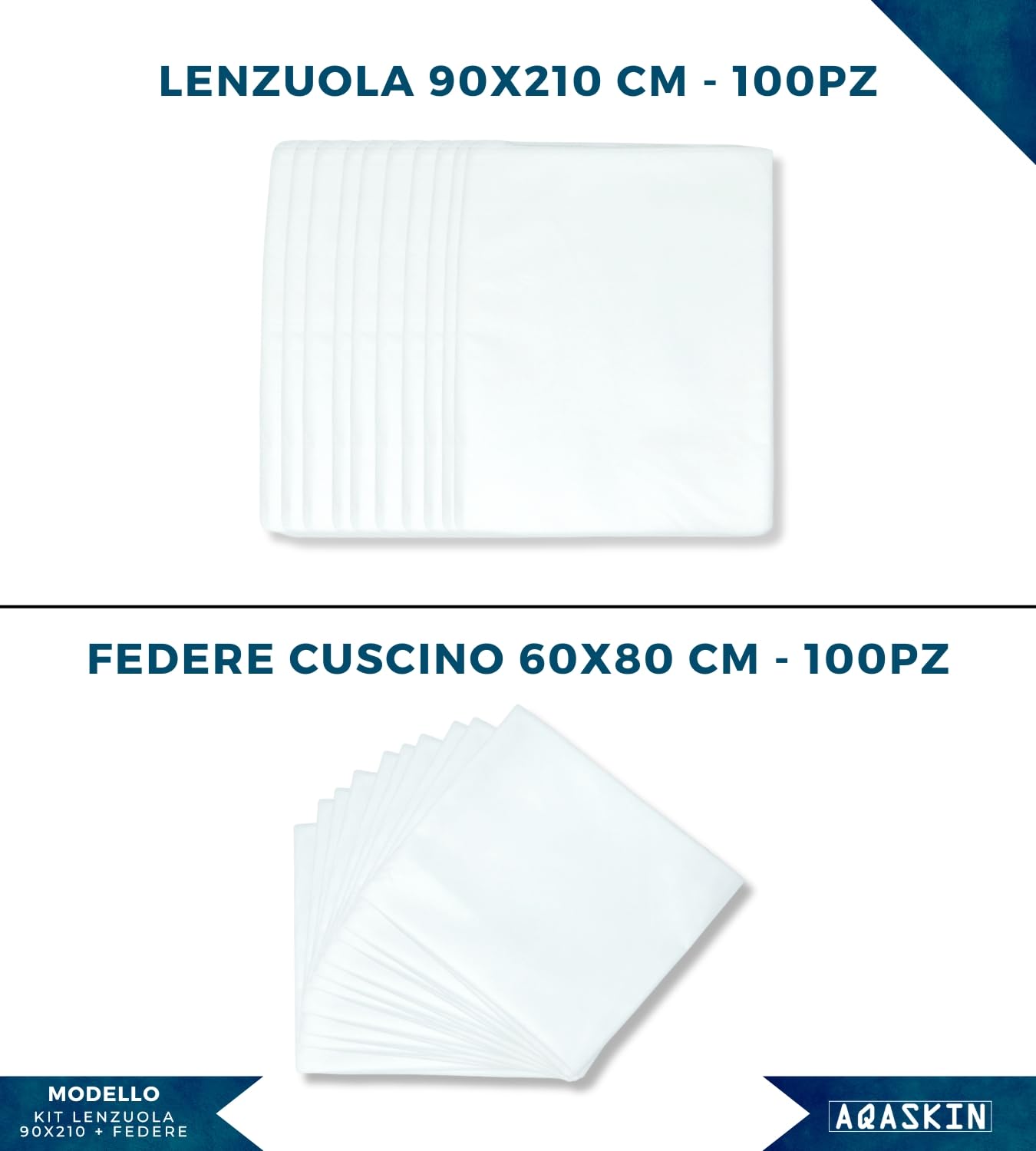 Kit [100+100pz] Lenzuola + Federe Monouso in TNT, SCONTI QUANTITÀ, IMBUSTATE SINGOLARMENTE, Lenzuolo 90x210cm, Federa 60x80cm, Monouso, Usa e Getta. (100 Lenzuola + 100 Federe)