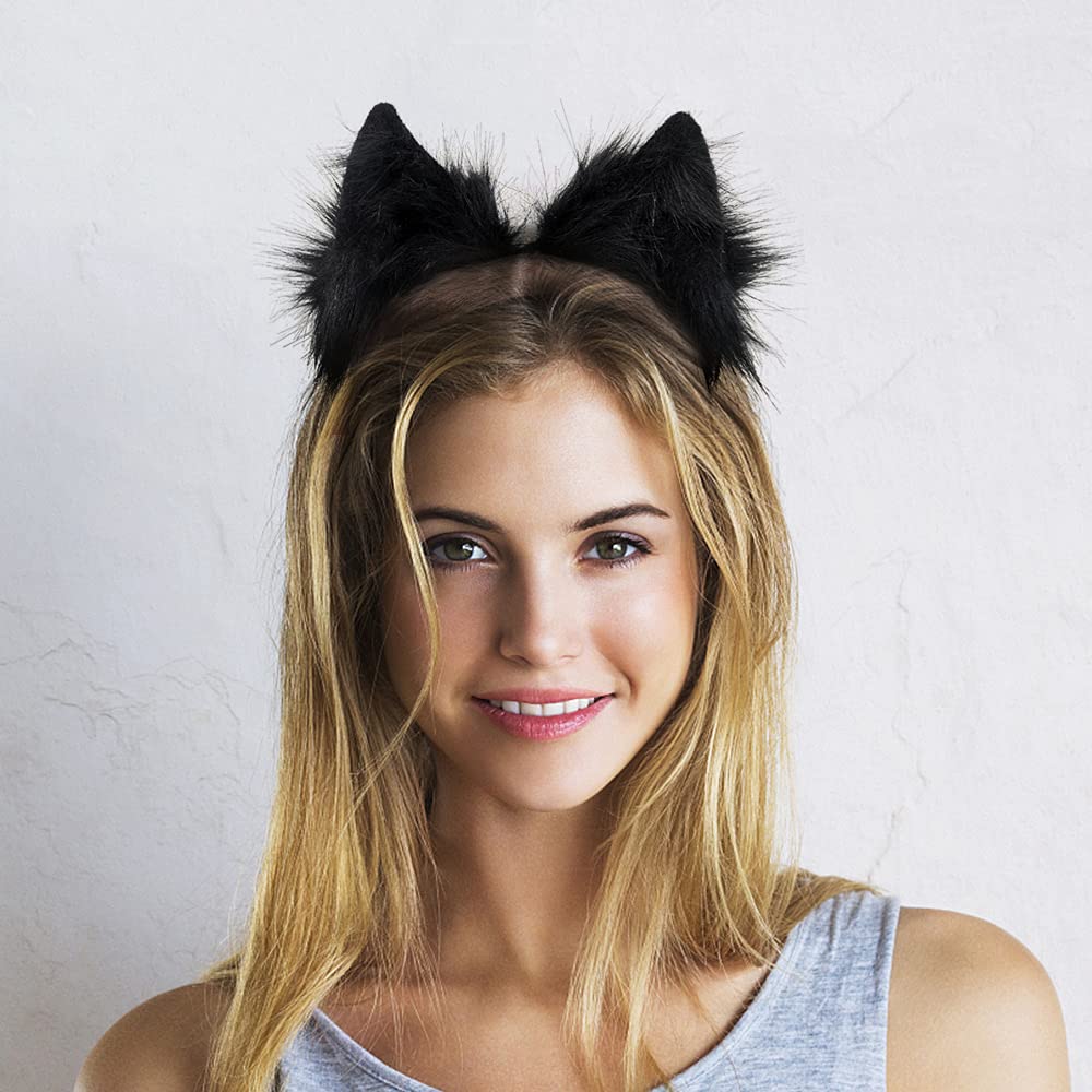 GaliaFaya Cat Wolf Fox Dog Ears Headband Handmade Faux fur Cosplay Halloween Costume Party: Pure Black