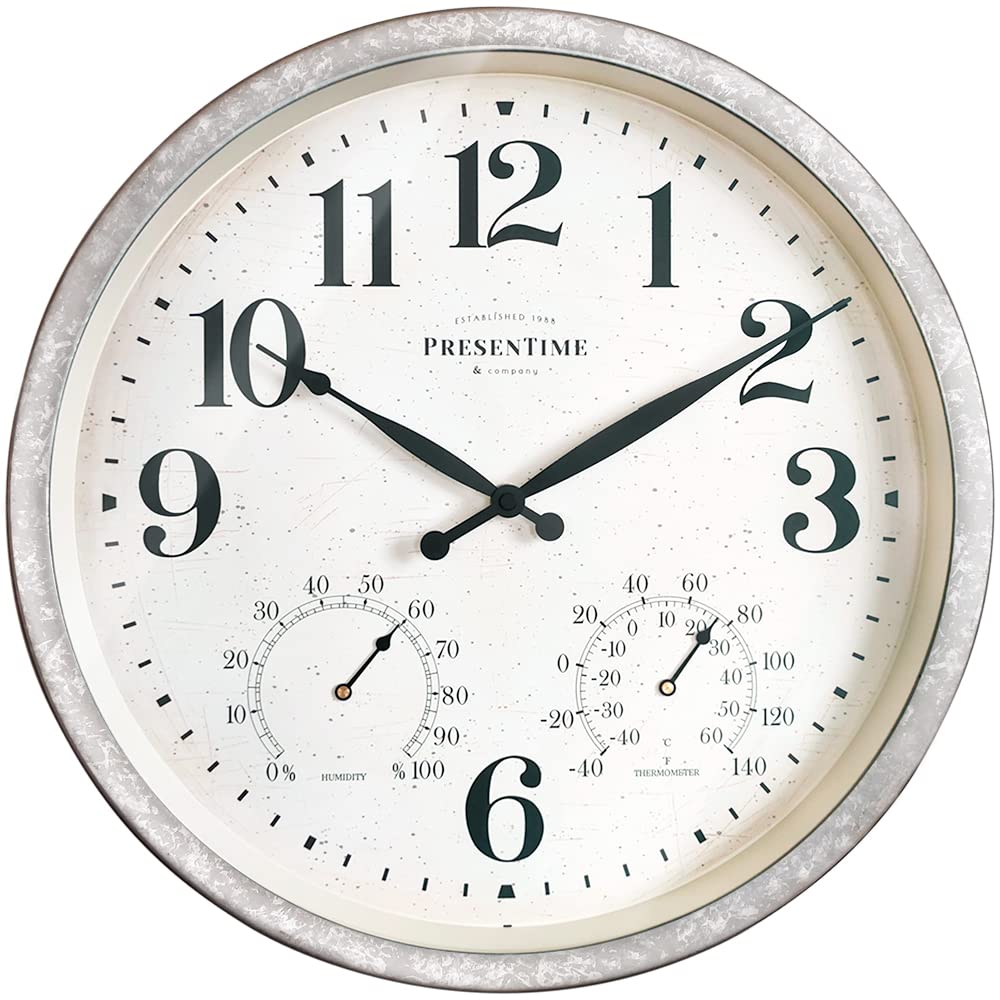 Presentime & Co 16" Farmhouse in/Outdoor Clock with Thermometer&Hygrometer as All in One Weather Station, Galvanized Décor, Wall Art and Timepiece for