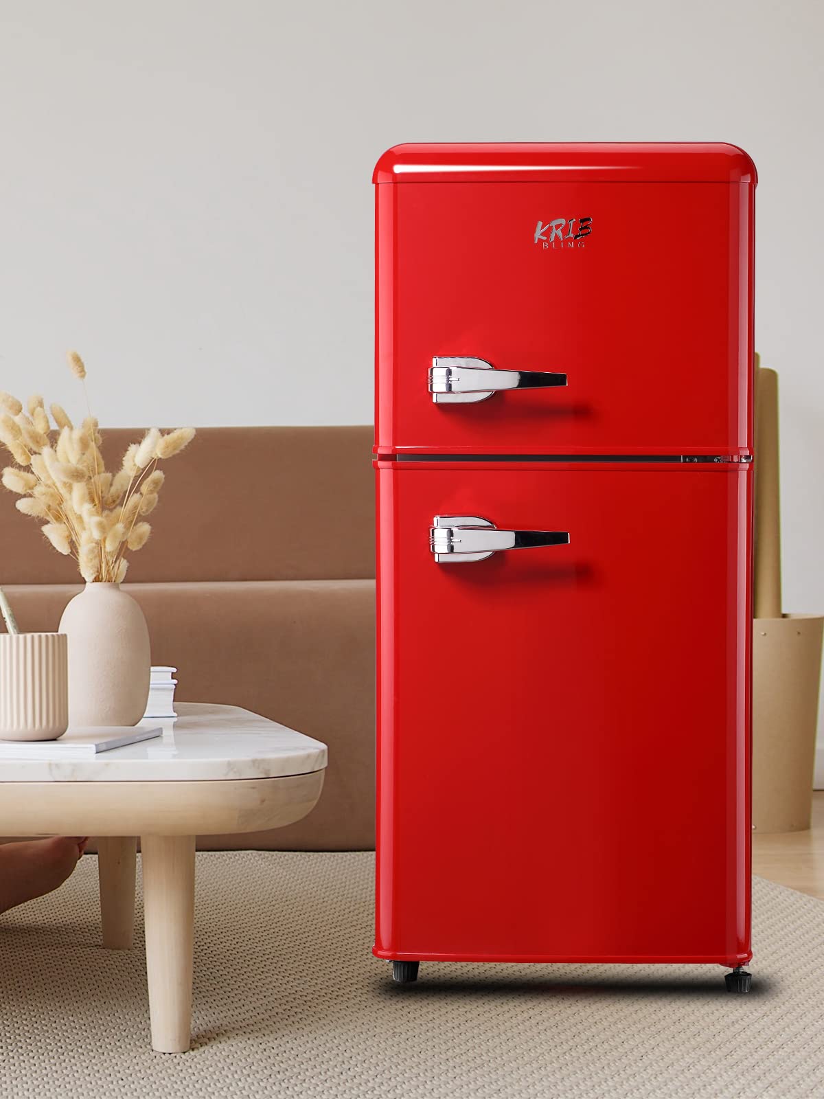 Krib Bling 3.5 Cu.Ft Refrigerator With Freezer Double Door 7 Level Adjustable Thermostat For Dorm, Bar, Office,Kitchen, Apartment Red on Fridge.com - View 3