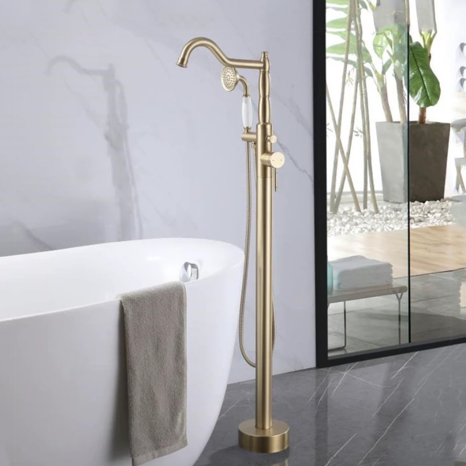 Rubinetto per Vasca Indipendente, Miscelatore per Vasca in Ottone Montato a Pavimento con Doccetta(Gold)