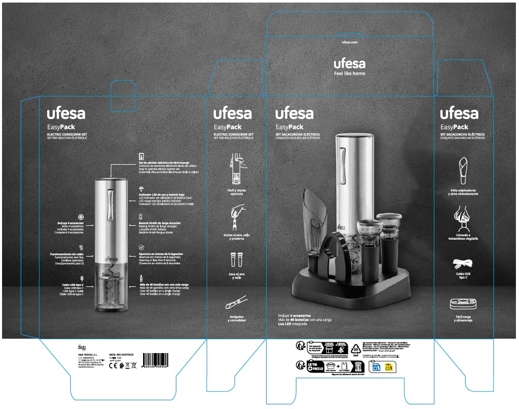 Ufesa EasyPack Tire-bouchon électrique avec lumière LED, décanteur, bouchon d'étanchéité et extracteur d'air, base de charge et de stockage, sans fil, câble USB C et micro USB inclus