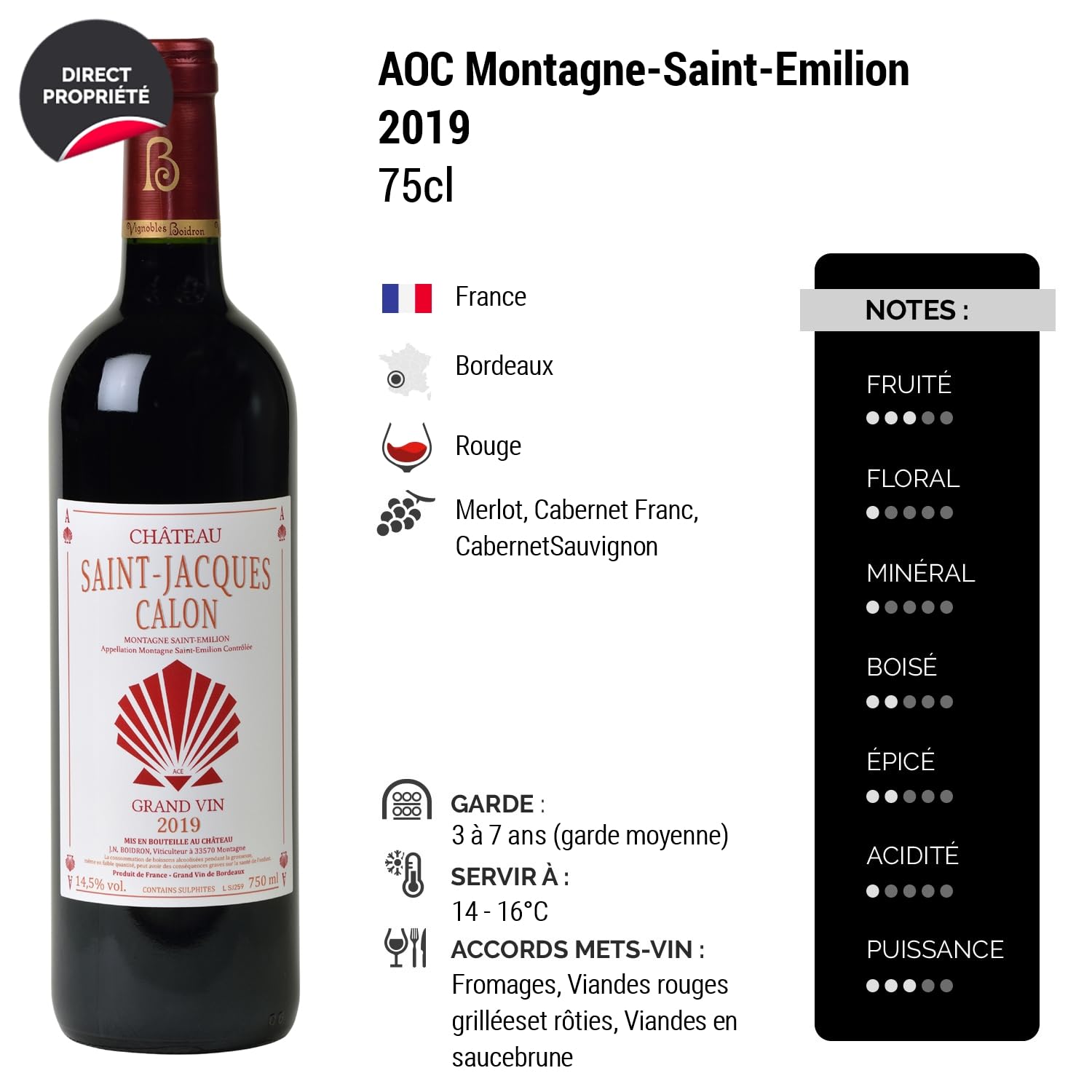 Château Saint-Jacques Calon Montagne-Saint-Emilion - Rouge 2019 - Vin Rouge de Bordeaux (3x75cl) HVE