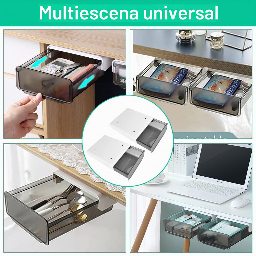 2 Cajones para Debajo de Escritoriode 20 x 17 x 7,2 cm Cajones para Debajo de Mesa con Cintas Adhesivas Organizador de Cajones para Debajo del Escritorio para Guardar Cosas Pequeñas