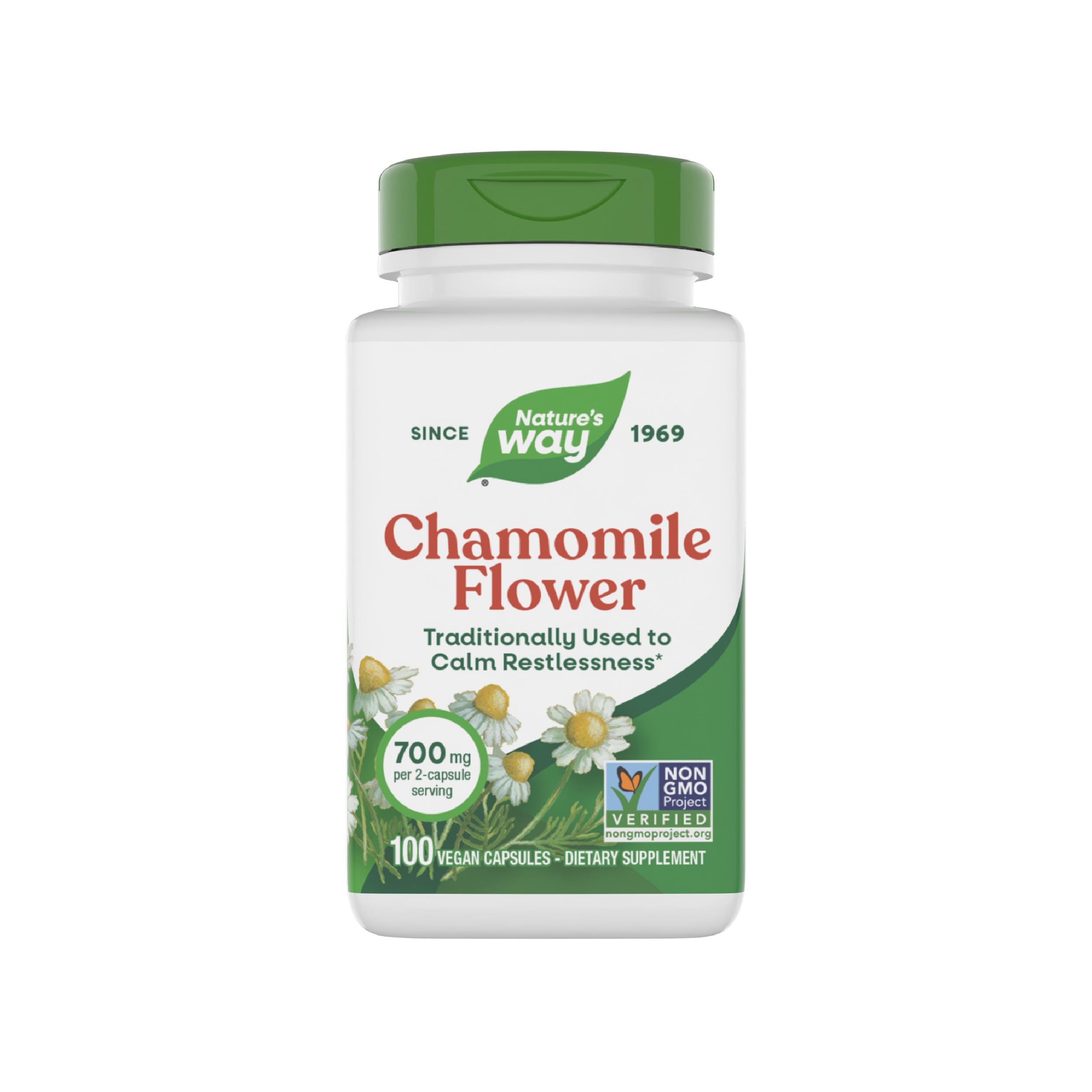 Nature's Way Chamomile Flower - 700 mg per 2-Capsule Serving- Traditional Calming Aid* - Herbal Supplement - Non-GMO Project Verified & Gluten Free - 100 Vegan Capsules