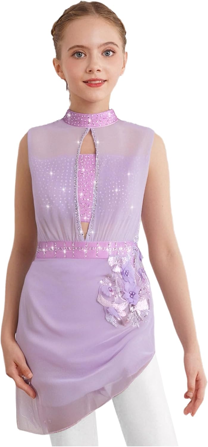FEESHOW Kids Girls Rhinestones Figure Skating Dance Dress Sleeveless Backless Mesh Asymmetrical Ballet Lyrical Dancewear