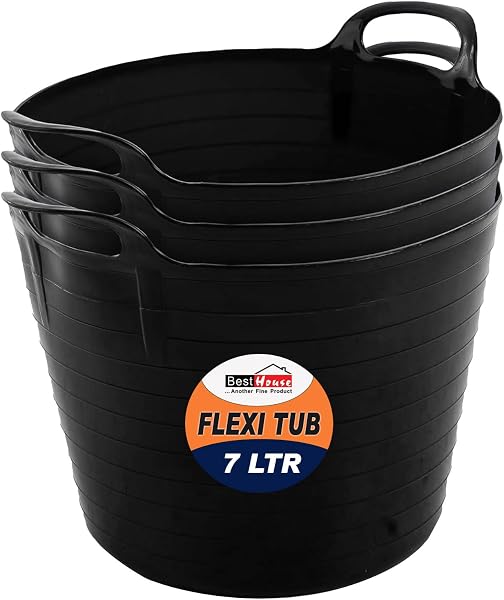 Best House | 3 Pcs of Flexi Tub with Handles | Small Size | Mini | 7 Litres | Black | Garden Tubs | Plastic Storage Container for Home, Washing, Garden Waste and DIY Projects - 1