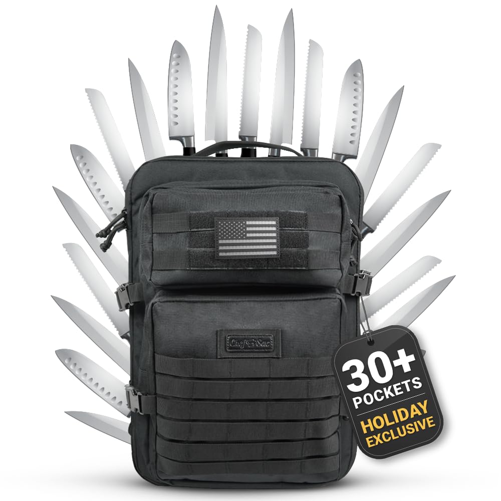 Chef Knife Bag Tactical Backpack | Knife Carrying Case with 30+ Pockets for Knives and Culinary Tools | Knife Organizer Bag for Chefs & Culinary Students | Knives & Tools Not Included, Black, XL,