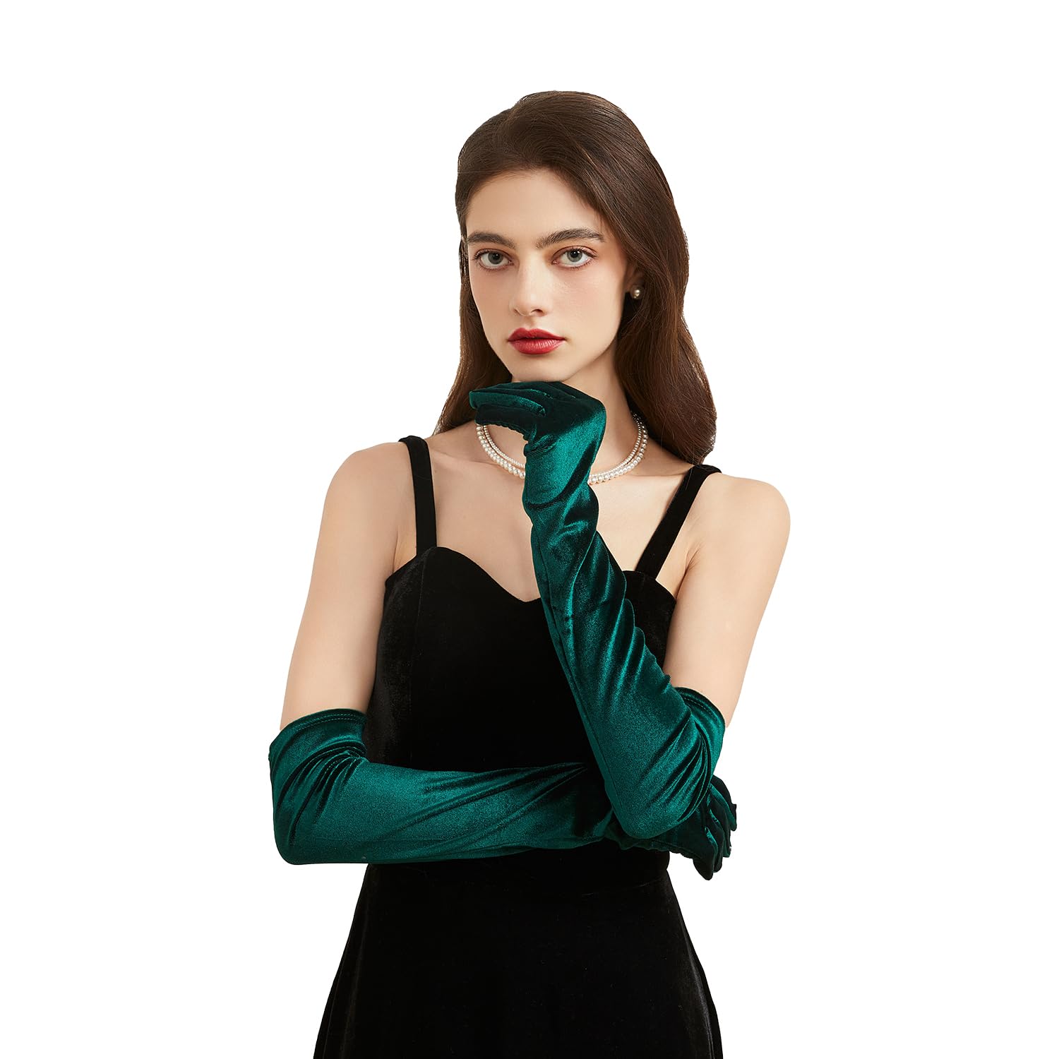 Super Long Opera Velvet Party Gloves 1920s Elbow Flapper Evening Banquet Gloves, Dark Green, 53 cm, Lange
