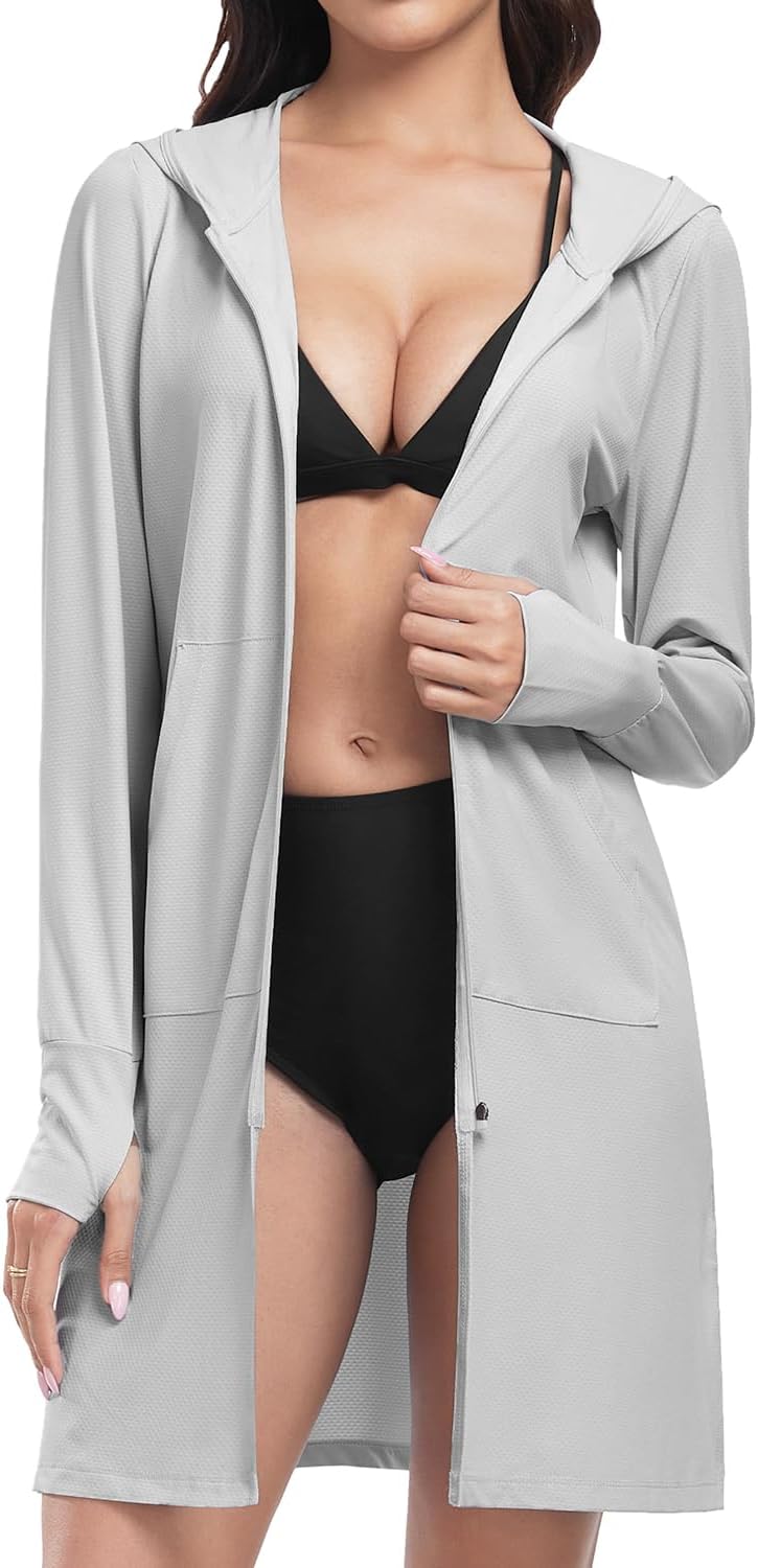 WOWENY UPF 50+ Swim Cover Up Beach Jacket for Women SPF Sun Protection Hoodie Lightweight Long Shirt Swimsuit Coverup