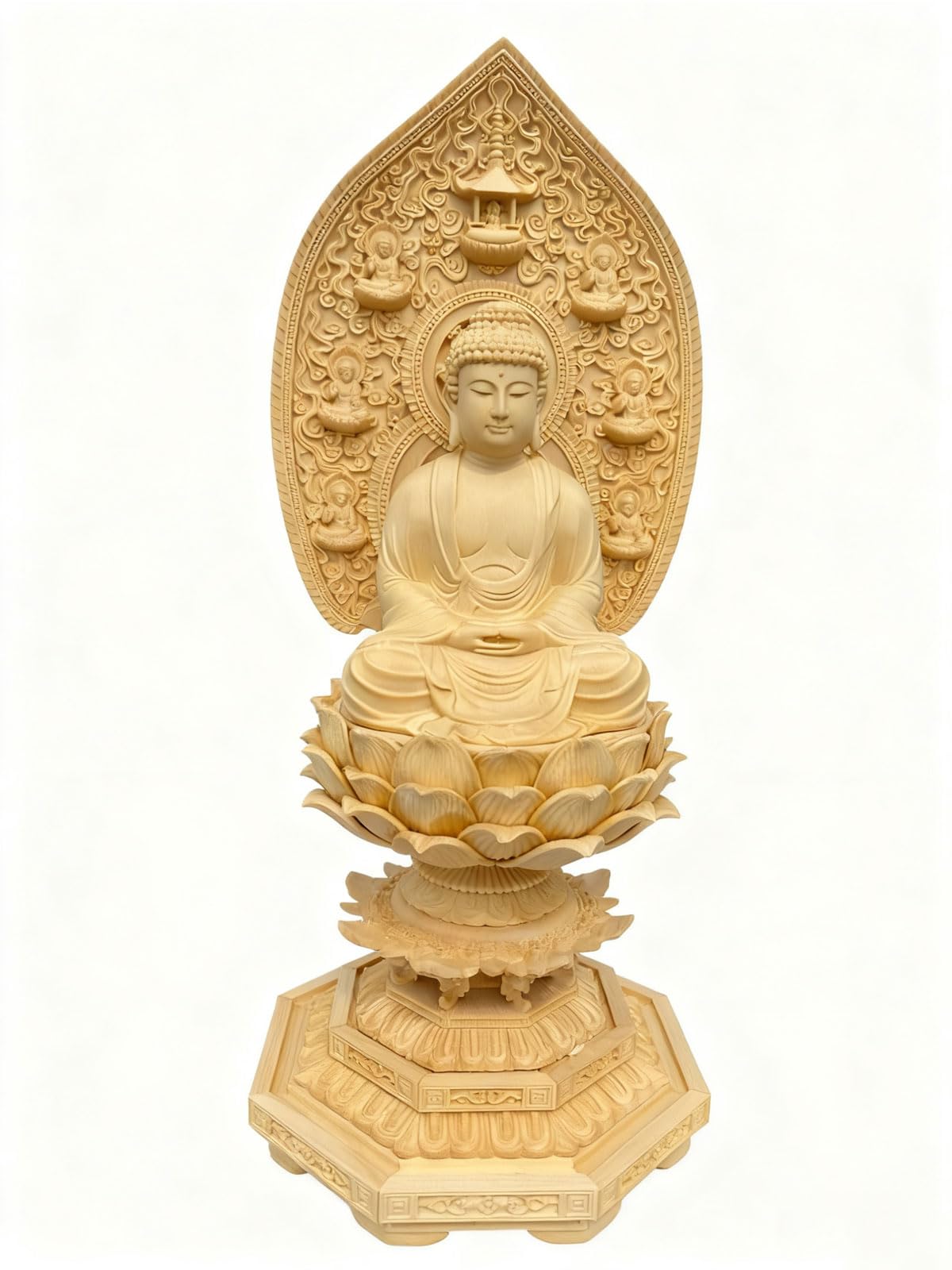 Amazon｜仏像 木彫り 阿弥陀如来(高さ30.5cm×巾12.5cm)桧木製高級彫り