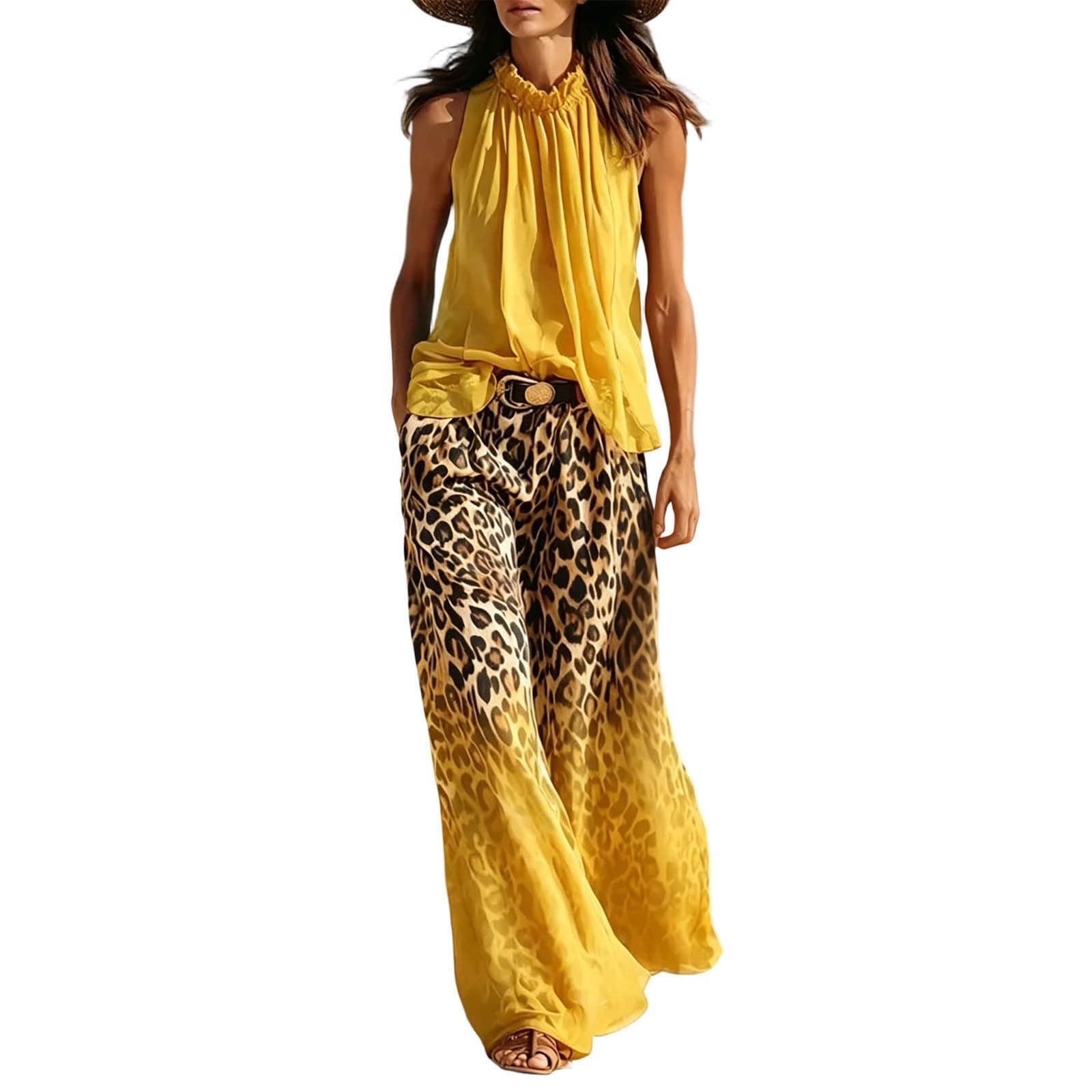 Elegante senza maniche con scollo a V in velluto con sfumatura leopardata e gamba larga per