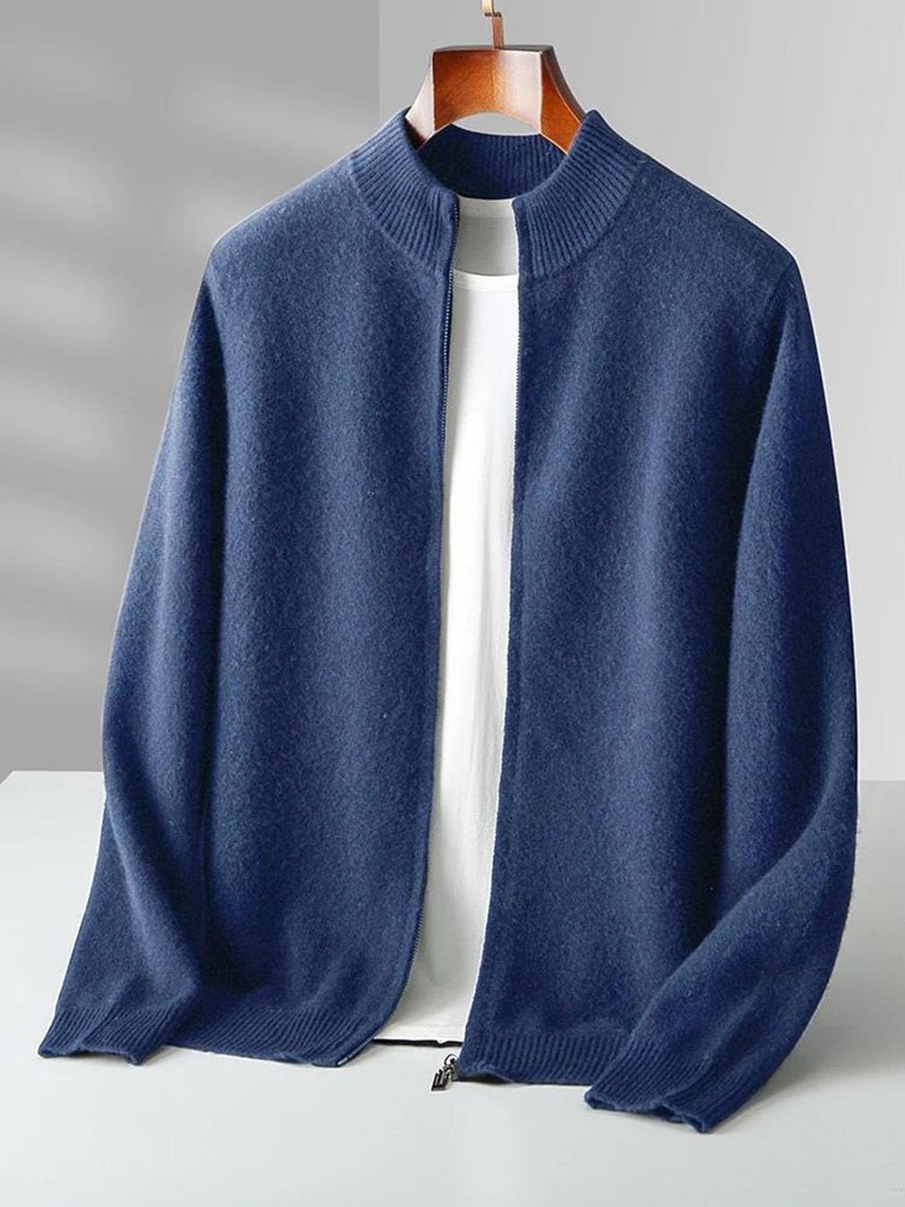 Men's Cardigan Zippers Half Mock Neck Long Sleeve Cashmere Sweater Thick Soft Knitwear