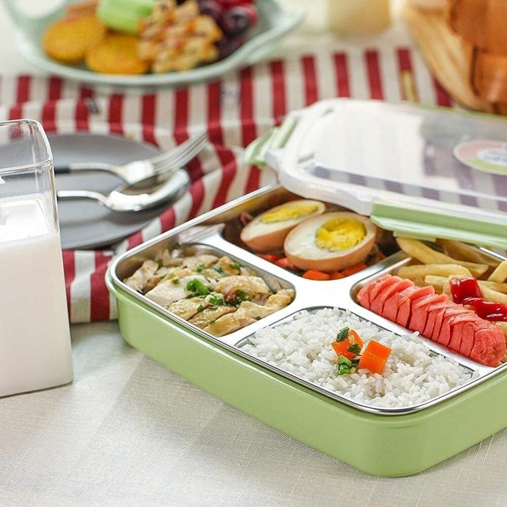 Brotdose, Auslaufsichere Bento-Box, Edelstahl-Lebensmittelbehälter mit 4 Fächern for eine ausgewogene Mahlzeit(Pink)
