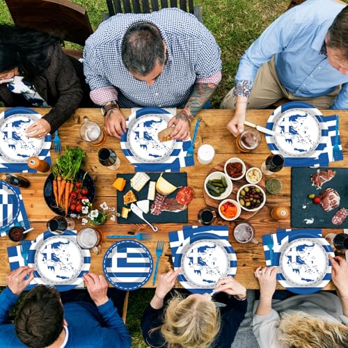 Image of gisgfim 96 Pcs Greek Flag Greece Plates and Napkins Party Supplies Greek Flag Birthday Party Tableware Set Blue Greece Birthday Decorations Favors for Greek Family Gathering Dining for 24 Guests