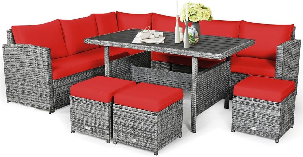 7 PCS Patio Rattan Dining Set Sectional Sofa Couch Ottoman Garden Red