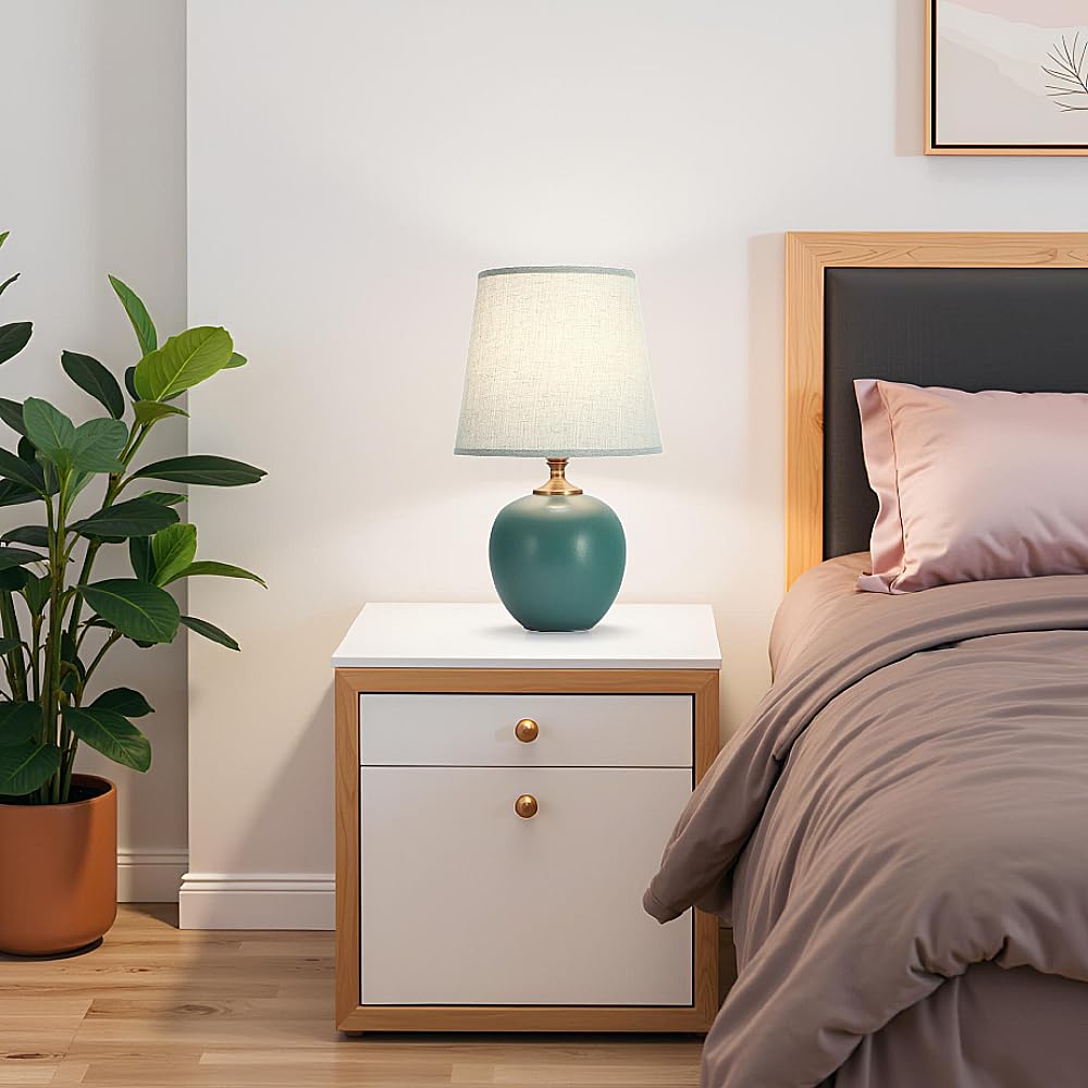 XINYASEE Lampada da tavolo in ceramica, lampada da comodino, moderna, semplice, per soggiorno, lampada decorativa, paralume plissettato (Verde)