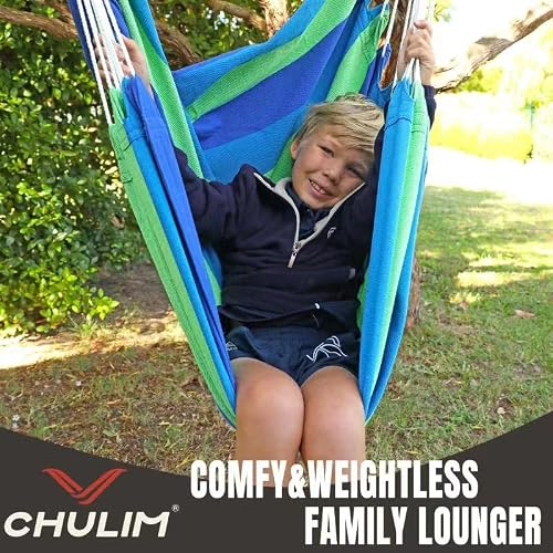 Chulim Hammock Chair Hanging Swing - Cotton Weave Canvas With Hardware Kits, Max 330Lbs, Xl Hanging Chair For Indoor Outdoor Patio Yard - Blue & Green Stripe #TOP4