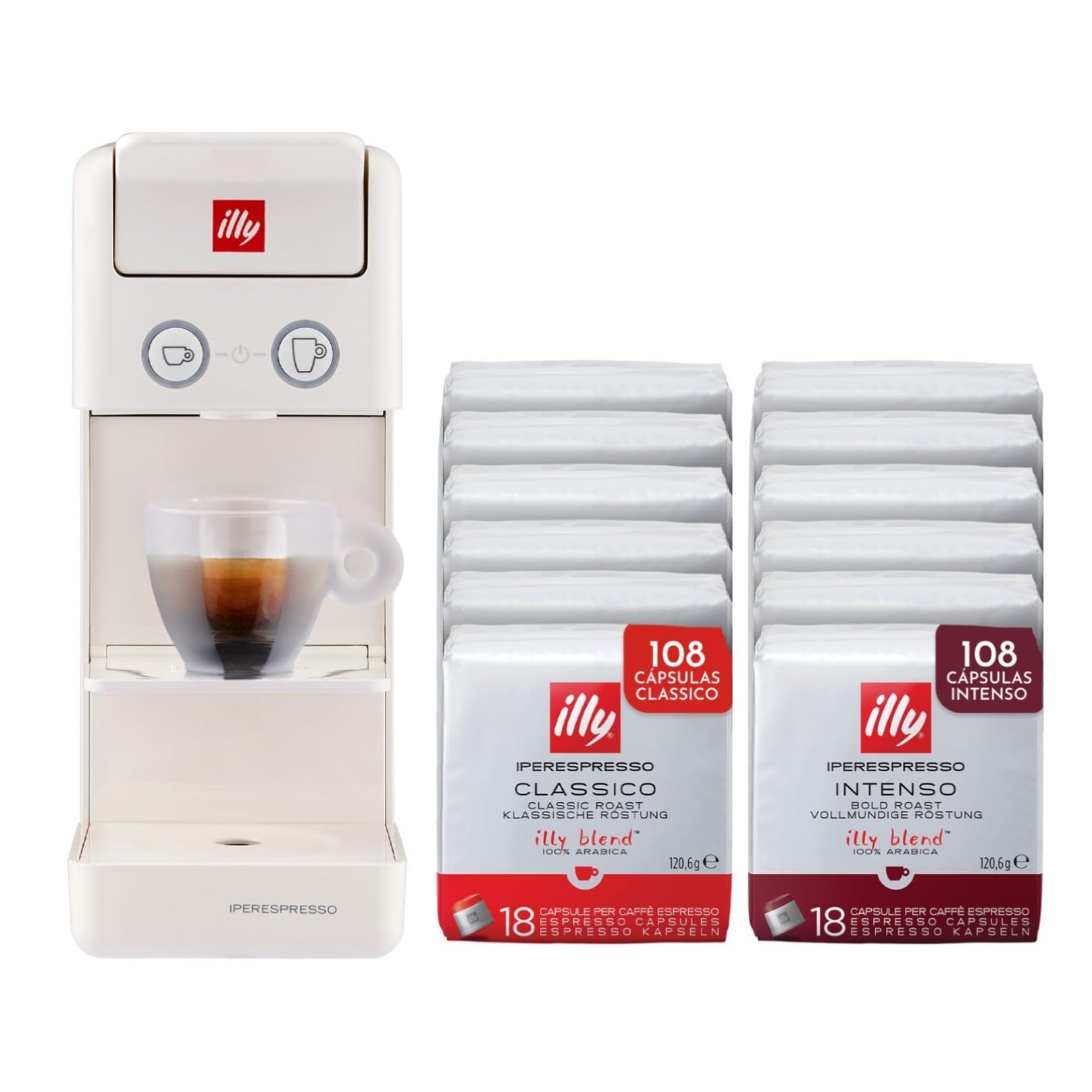 illy, Máquina de Café Iperespresso Y3.3 con 216 Cápsulas, Color Blanco | 108 CLASSICO y 108 INTENSO, Café Espresso y Americano, Apagado y Descalcificación Automática