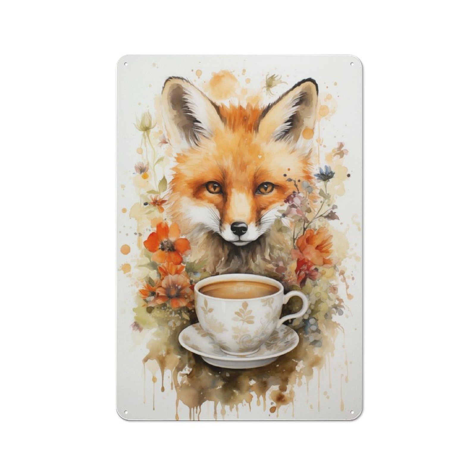 Junmoney Art Fox And A Cup Of Tea Classic Kitchen Metal Sign 30X20cm Featuring Cafe Wall Decor For Restaurant, Kitchen, Counter Or Breakfast Nook