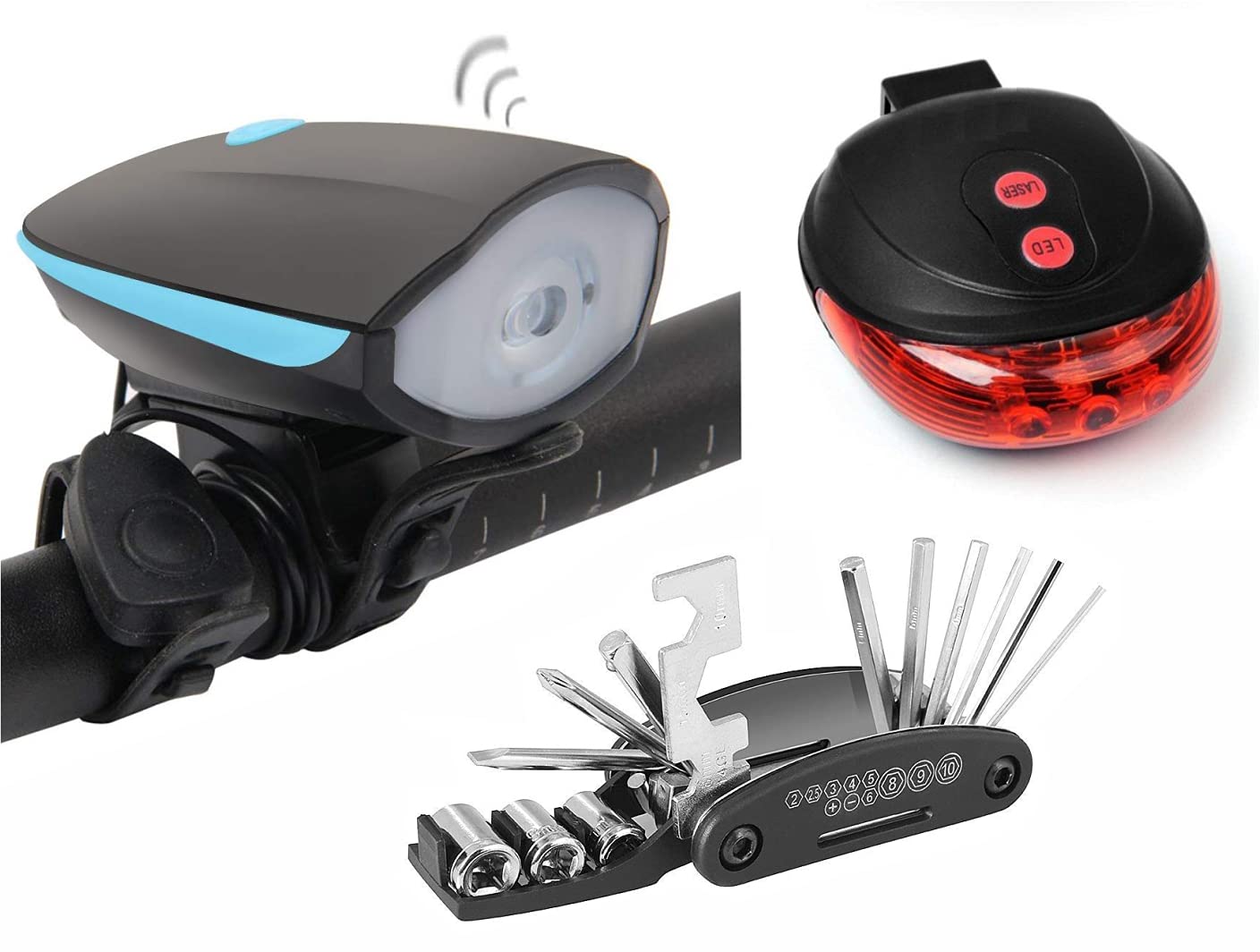 PROTOS INDIA.NET ™ Cycle Headlight FY 058, Laser Tail Light, Tool Kit 16 Function in 1 (Combo) LED Front Rear Light Combo (Black)