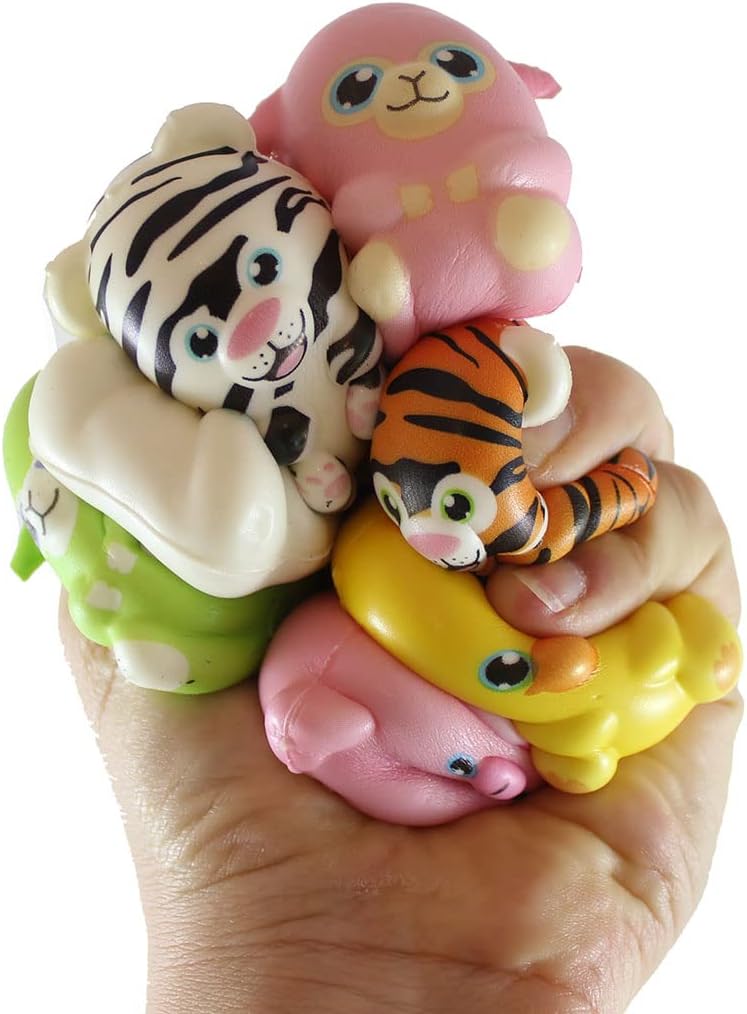 Curious Minds Busy Bags Set of 12 Animal Themed Micro Squishy Toys - Memory Foam Fidgets, Party Favors, Stress Balls