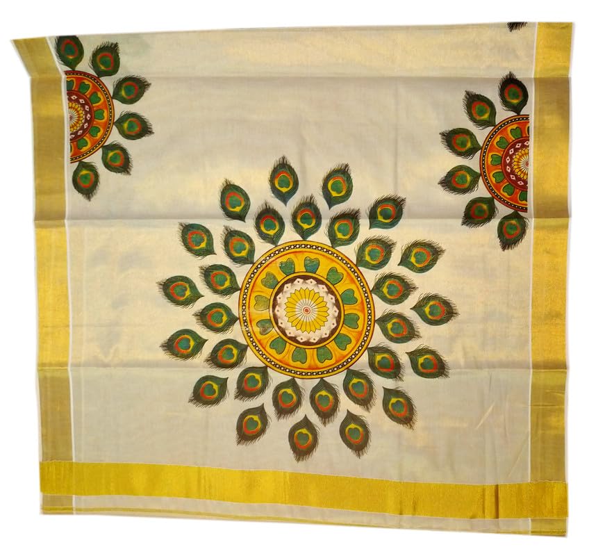 YETTALANWomen's Mural Printed Kerala Gold Tissue Saree with Running Blouse