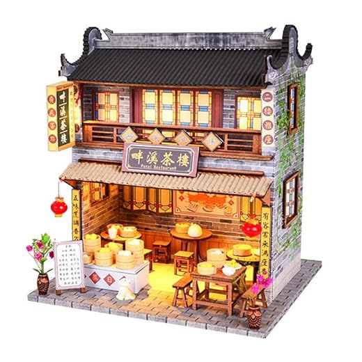 Tienda de estilo chino Modelo de construcción DIY casa de muñecas Kit en miniatura 3D Muebles de casa Luz LED Puzzle Juguete Niño Niña Regalo de cumpleaños de Navidad (Restaurante de Té)