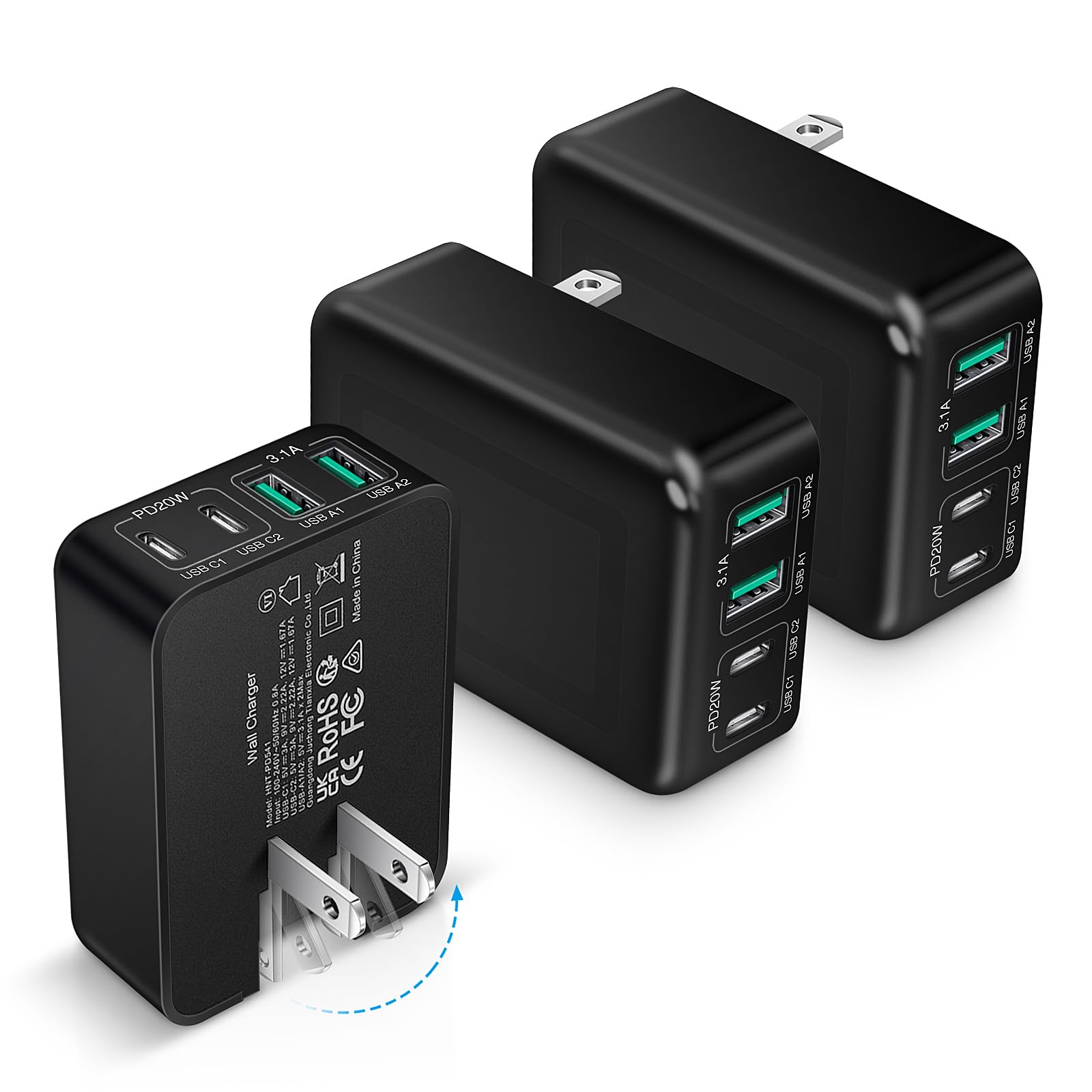 3-Pack USB C Fast Charger Block, 40W 4-Port Flat USB C Wall Charger Type C Charger PD3.0 Power Adapter Multiport Foldable Plug Brick for iPhone 17/16/