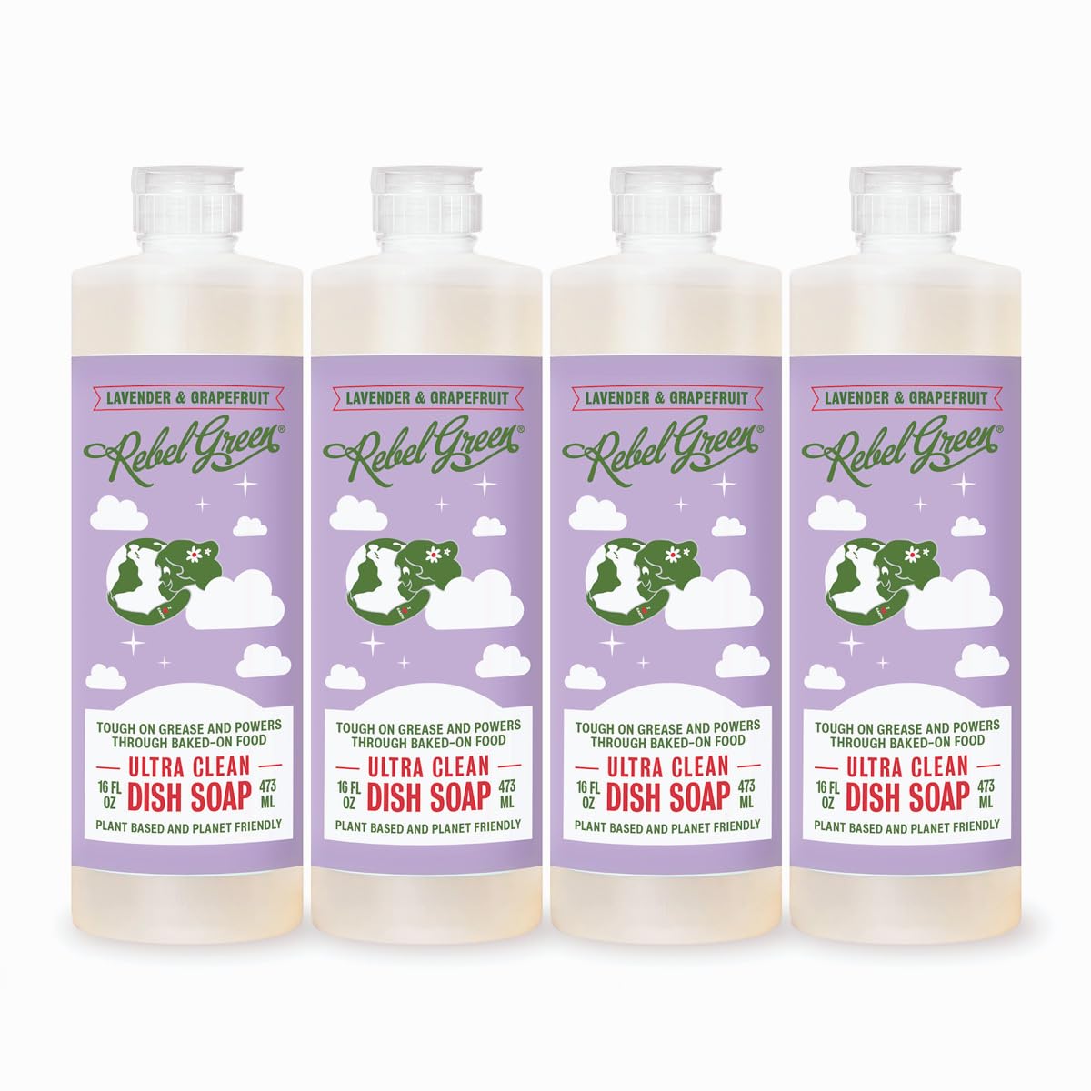 Rebel Green Super Deluxe Dish Soap - Natural Dishwashing Soap - Liquid Dish Detergent - Sustainable Dish Liquid Scented with Lavender & Grapefruit - (16 oz Bottles, 4 Pack)