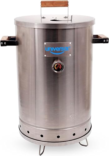 Universal Ahumador de barril de carbón de acero inoxidable de 20 libras (25 porciones) con termómetro y sistema de esclusa - 20.5 x 29.6 x 15.5
