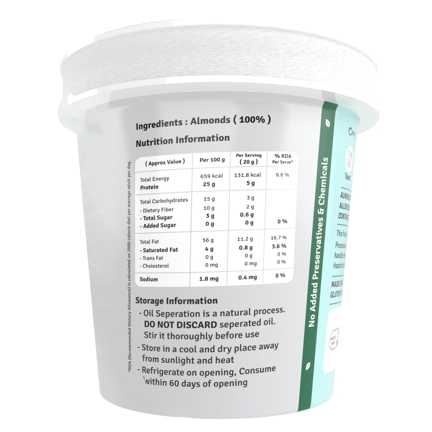 Jus' Amazin Creamy Almond Butter - Unsweetened (1 Kg Tub) | 25% Protein | Only Whole Almonds (100% Pure) | Zero Additives | Keto | Plant Based Nutrition | Clean Nutrition - Image 3 thumbnail