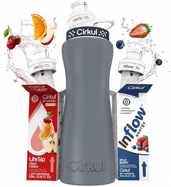 Cirkul 42oz. Gray Metal Bottle With Two No Sugar, 0 Cal Flavored Water Sips
