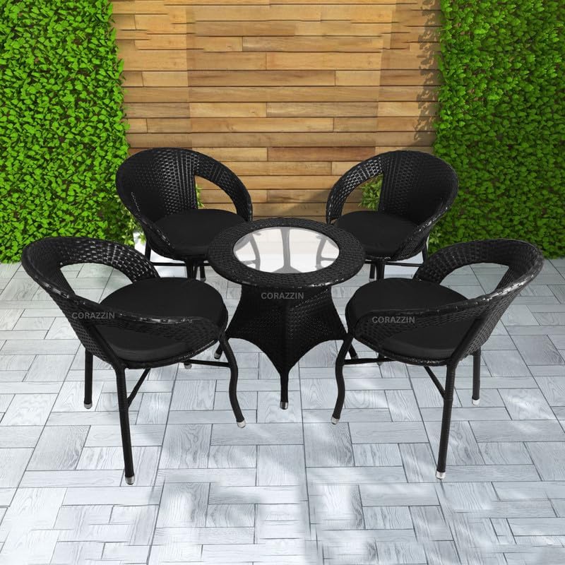 Rattan Wicker Garden Patio Seating Chair and Table Set for Outdoor Balcony Garden Coffee Table Set Furniture with 1 Table and 4 Chairs with Black Cushion (Black)