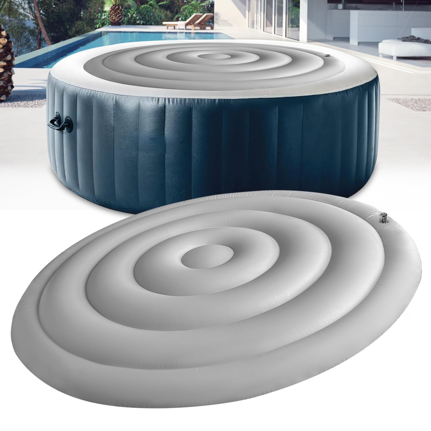 5.4 Ft Inflatable Hot Tub Cover Round Energy Saving Spa Lid Enclosure with Quick and Easy Inflation and Deflation Valve Windproof Rain Insulated Lid Retain Heat and Protect Hot Tub Grey