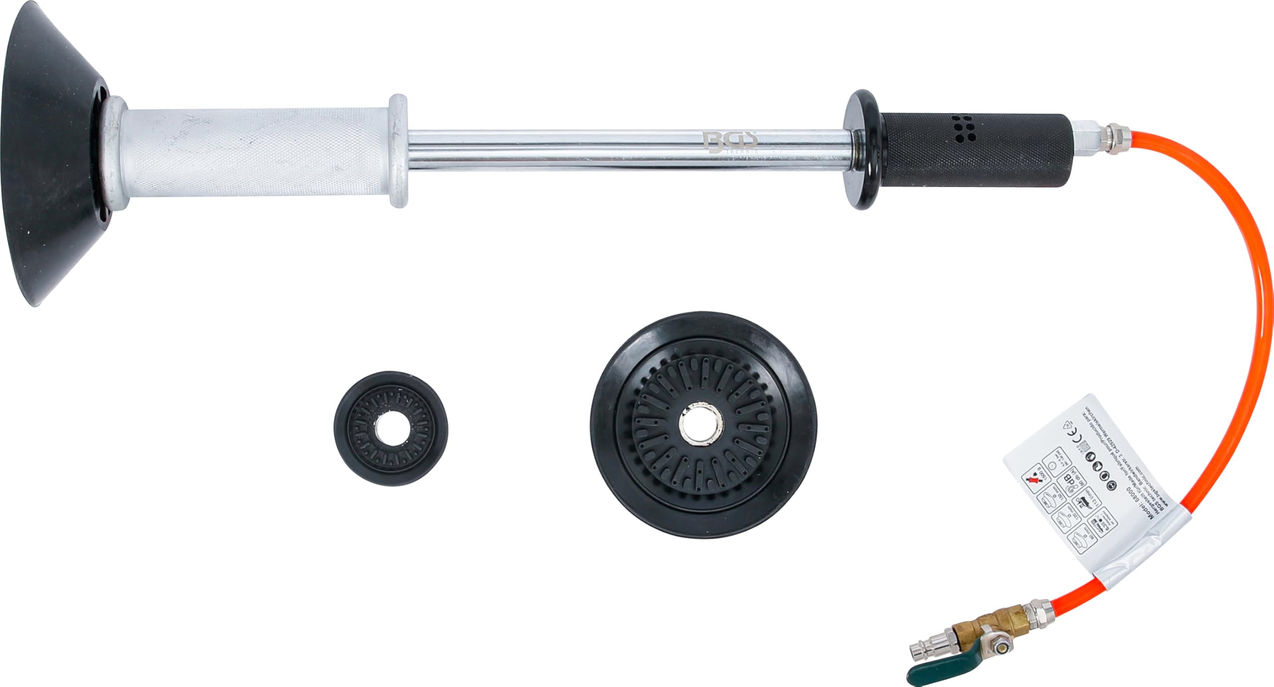 BGS 68000 | Martillo neumático para quitar abolladuras | 1,4 kg | 3 cabezales de succión Ø 60, 120, 150 mm | Presión de trabajo 6,3 hasta 10,3 bar | Longitud 620 mm