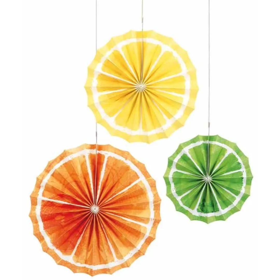 Unique Multicolor Citrus Fruit Tissue Paper Fans (Pack of 3) - 11.75" x 11.75" x 0.75" | Vibrant Design, Perfect Party Decorations for Summer Parties, Events, & Tropical Themed Celebrations