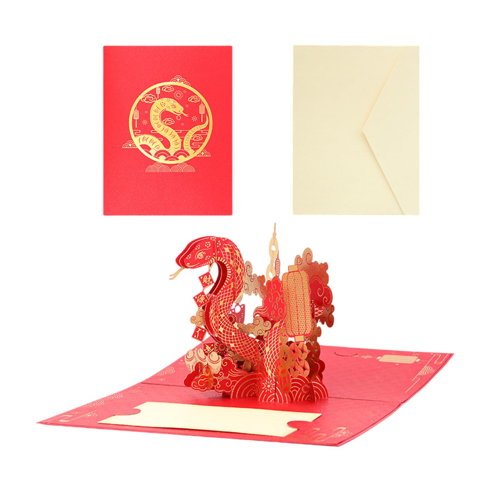 Jazuaiao 3D Popup New Year Card Gold Foil 2025 Snake Year Greeting Card with Envelope Present for Spring Festival Chinese New Gifts